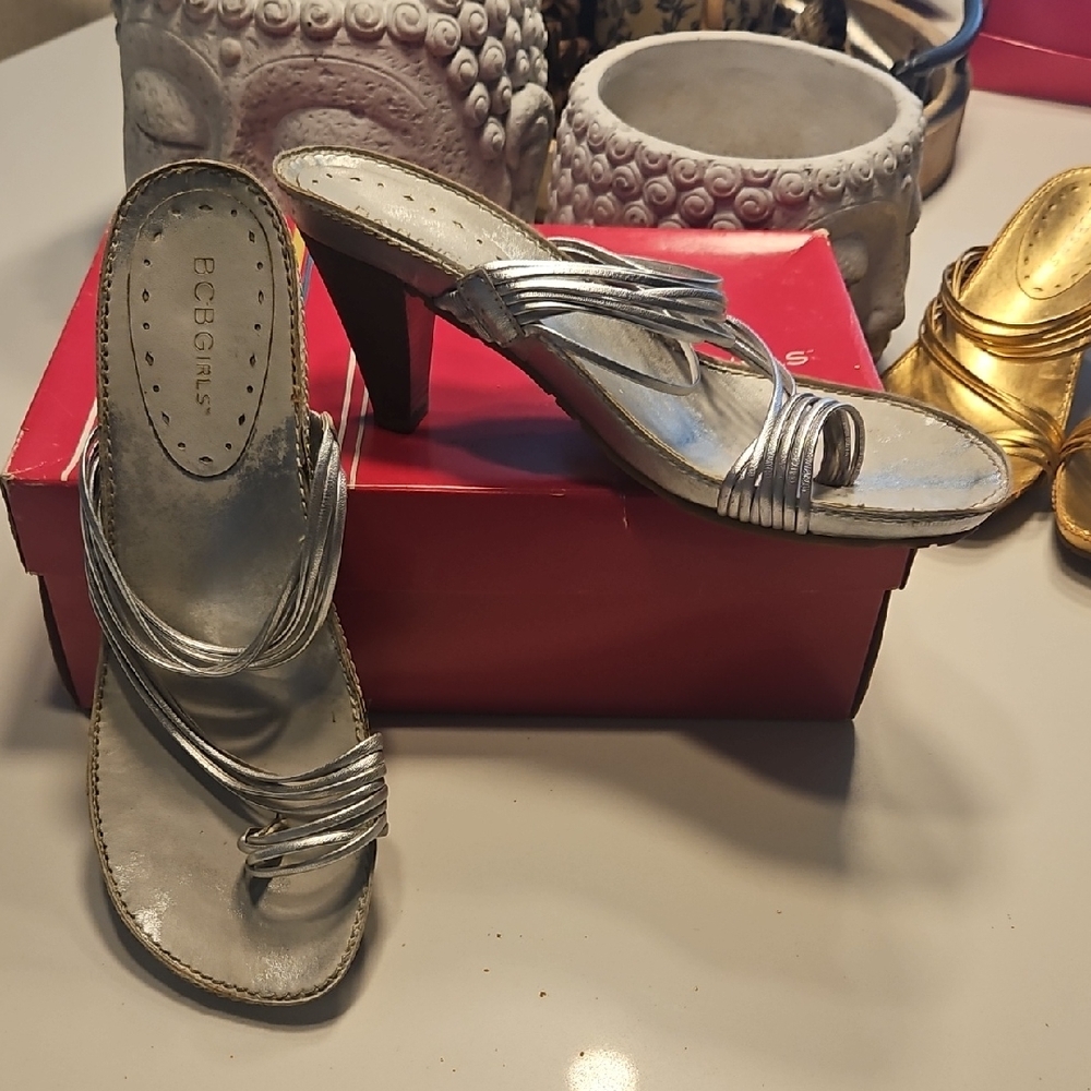 BCBGirls Silver Strappy Mid-Heel Slide Sandals